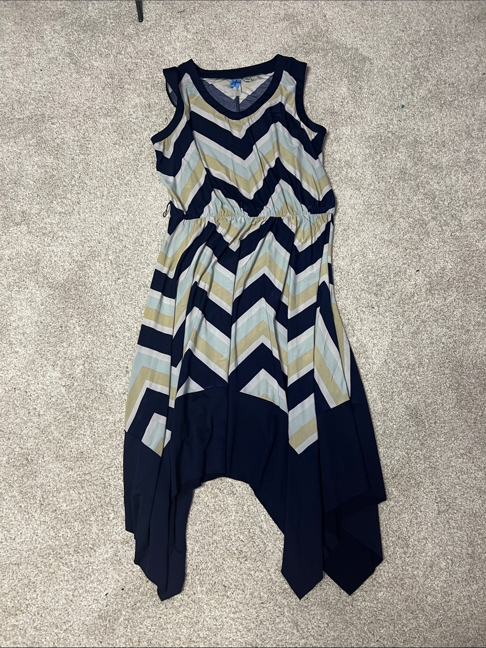 Tacera Navy, Cream & Light Blue Chevron Handkerchief Hem Dress
